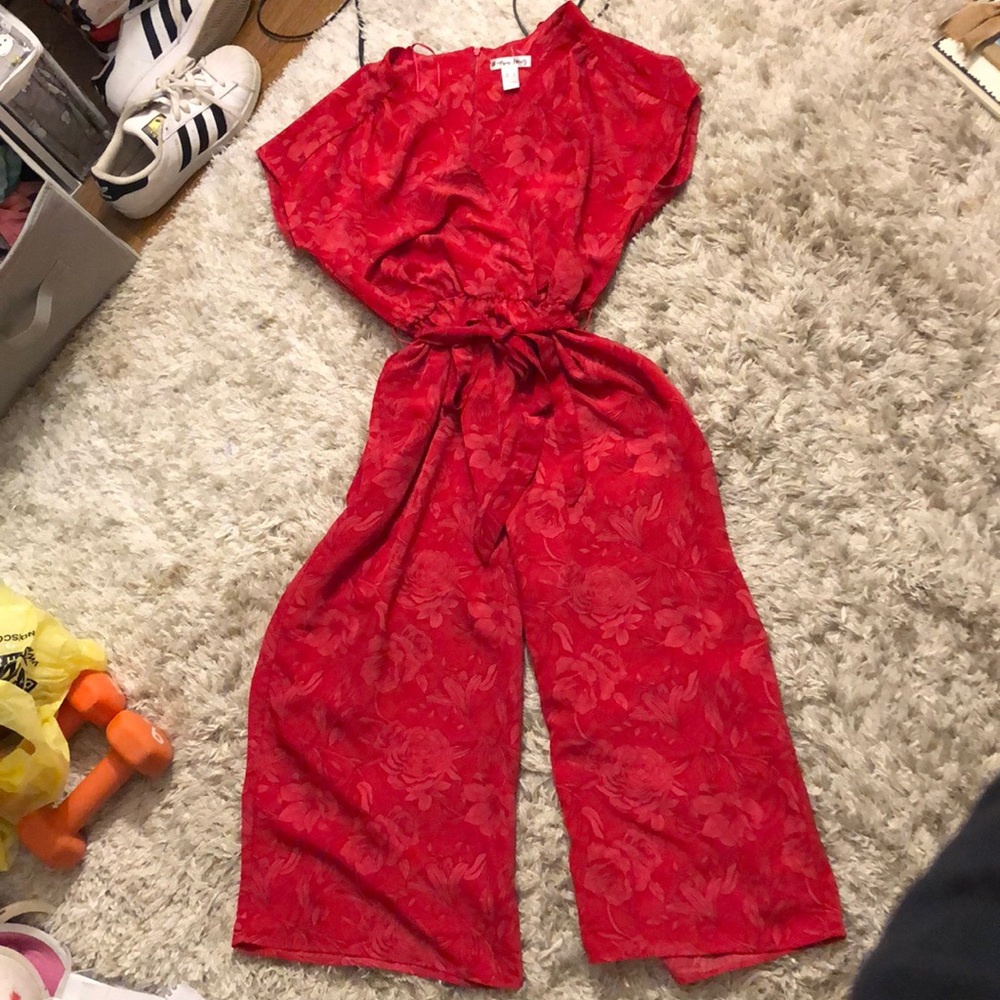 Red floral wide leg, vneck romper